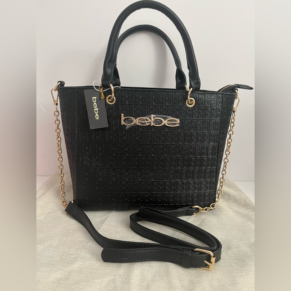 Bebe Celia Embossed Logo Satchel In Black (Nwt)